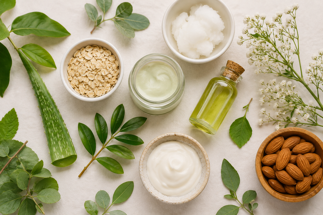Plant-based skincare ingredients including aloe vera, oats, shea butter, botanical oils, and natural moisturizers arranged in a clean flat-lay for eczema and sensitive skin care.