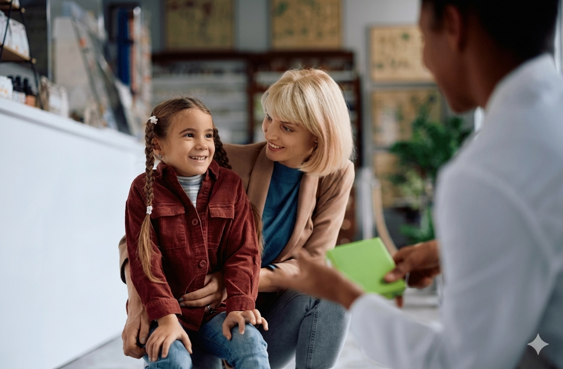 A smiling young girl and her mother consulting with a pharmacist in a pharmacy. The pharmacist is gesturing toward a product, illustrating a supportive and professional guidance session for childhood eczema management.