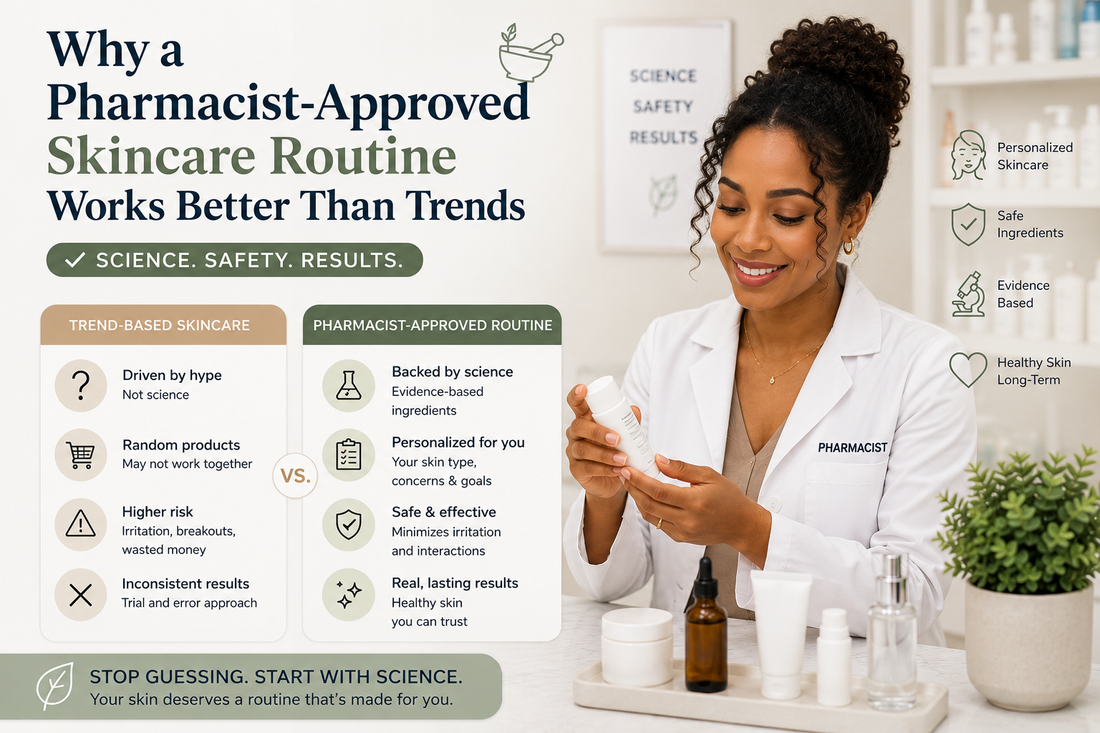 Pharmacist with skin of color reviewing skincare products beside an infographic explaining why pharmacist-approved skincare routines work better than social media skincare trends, focusing on science, safety, and long-term skin health.