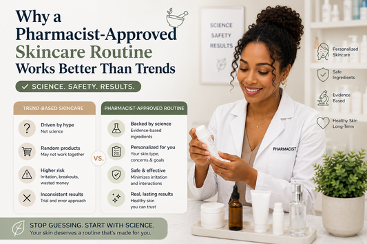 Pharmacist with skin of color reviewing skincare products beside an infographic explaining why pharmacist-approved skincare routines work better than social media skincare trends, focusing on science, safety, and long-term skin health.