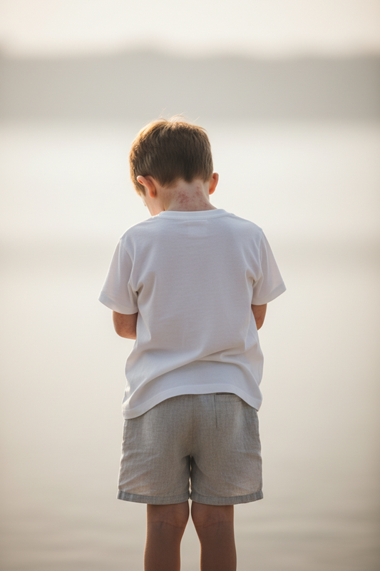the back of a child standing with eczema on skin