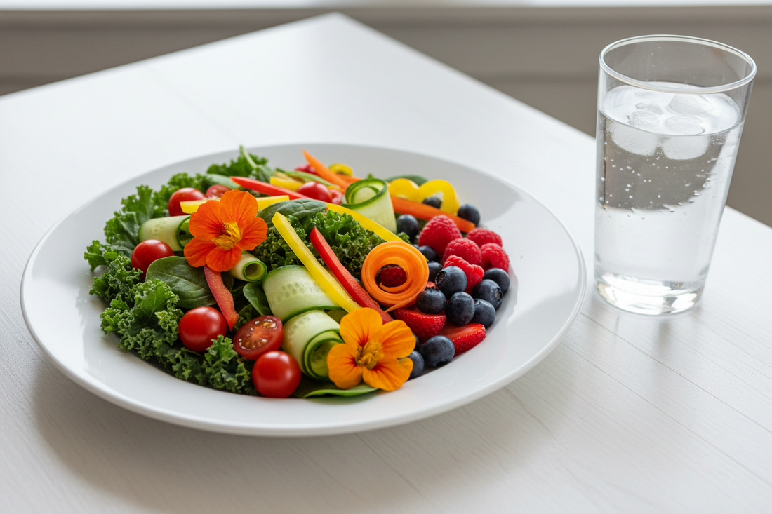 Healthy anti-inflammatory foods for eczema support, including salmon, berries, leafy greens, chia seeds, yogurt, and water, arranged in a clean wellness-inspired flat lay.