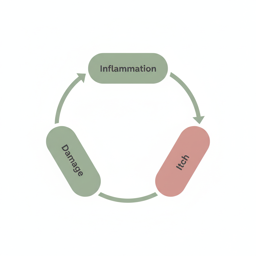 The eczema itch-scratch cycle: Inflammation leads to an Itch, which causes skin Damage, leading back to more Inflammation.