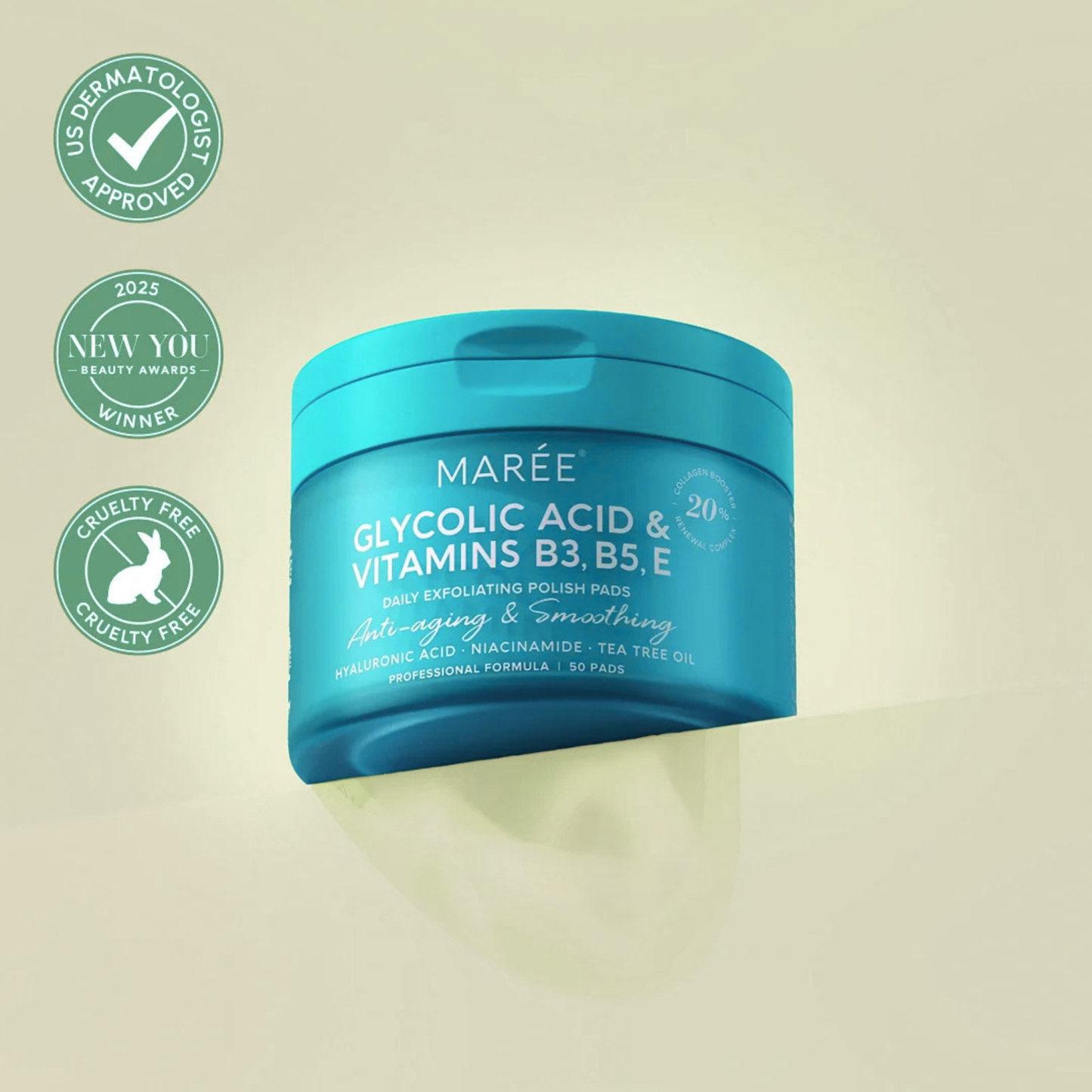 Maree Glycolic Acid Exfoliating Facial Pads with Hyaluronic Acid, Salicylic Acid and Niacinamide 50 Pads
