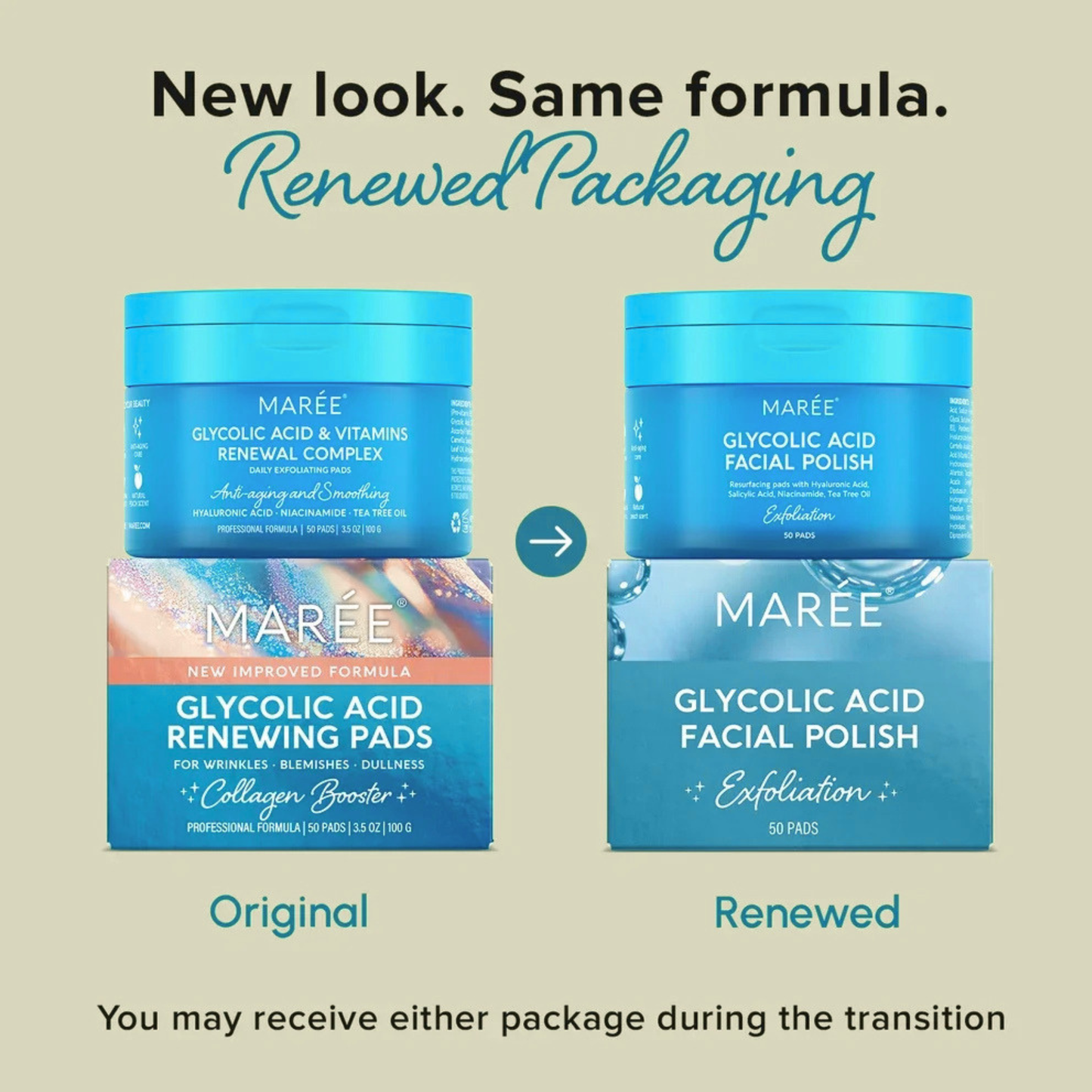 Maree Glycolic Acid Exfoliating Facial Pads with Hyaluronic Acid, Salicylic Acid and Niacinamide 50 Pads