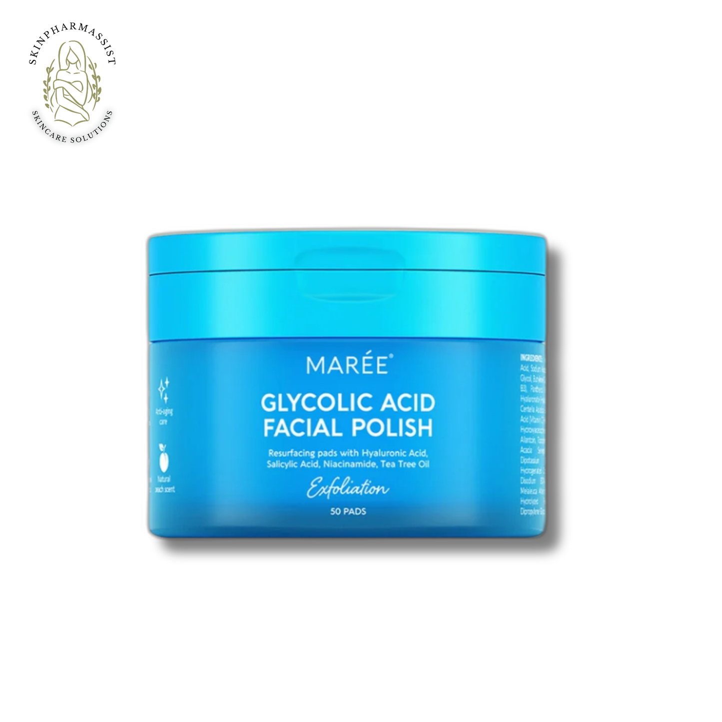 Maree Glycolic Acid Facial Pads, Exfoliating Pads with Tea Tree oil, Resurfacing Pads with Hyaluronic Acid, Salicylic Acid and Niacinamide 50 Pads